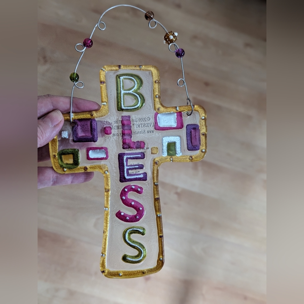 Fused glass hand blown cross with bless